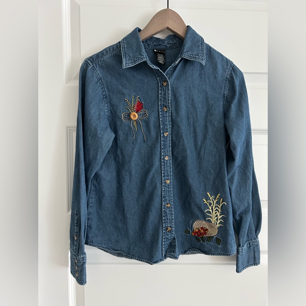 Holiday Editions Embroidered Fall Harvest Denim Shirt Blue Size S
